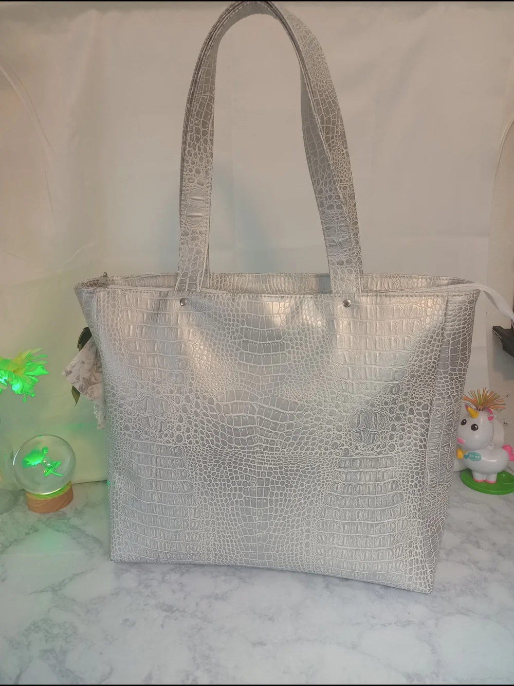 Handmade Silver Croc-Embossed Laptop Bag, Tote with Removable Bow Keychain Charm